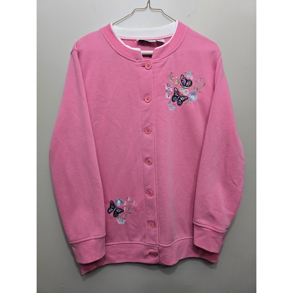 Vintage Speculation Woman Pink Fleece Button Up Butterfly Embroidered Sweater S